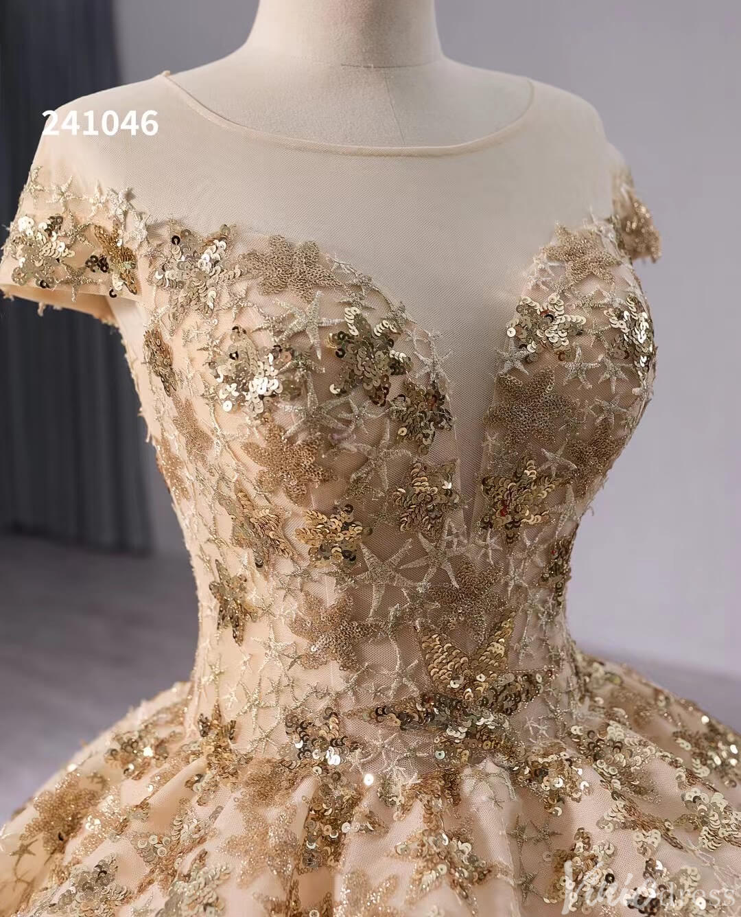 Gold Starry Lace Wedding Gown Overskirt Cap Sleeve Quinceanera Dress 241046-Quinceanera Dresses-Viniodress-Viniodress