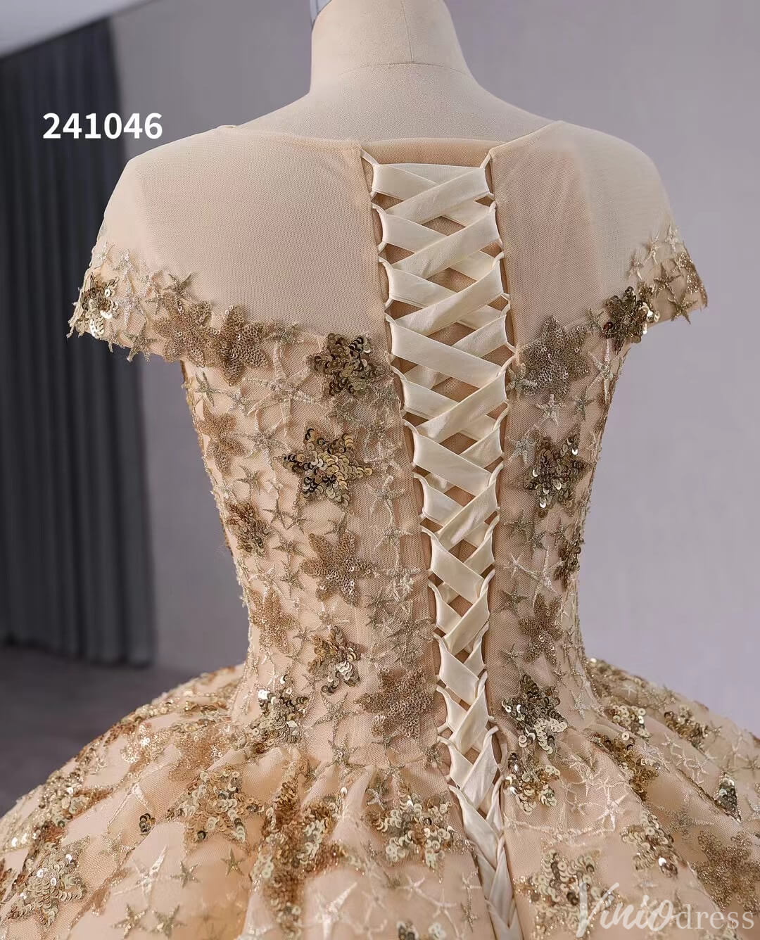 Gold Starry Lace Wedding Gown Overskirt Cap Sleeve Quinceanera Dress 241046-Quinceanera Dresses-Viniodress-Viniodress