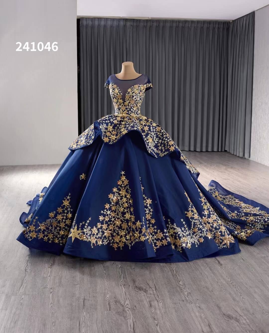 Gold Starry Lace Wedding Gown Overskirt Cap Sleeve Quinceanera Dress 241046 - ViniodressQuinceanera DressesBlueCustom Size - Formal Dresses - Ball Gowns