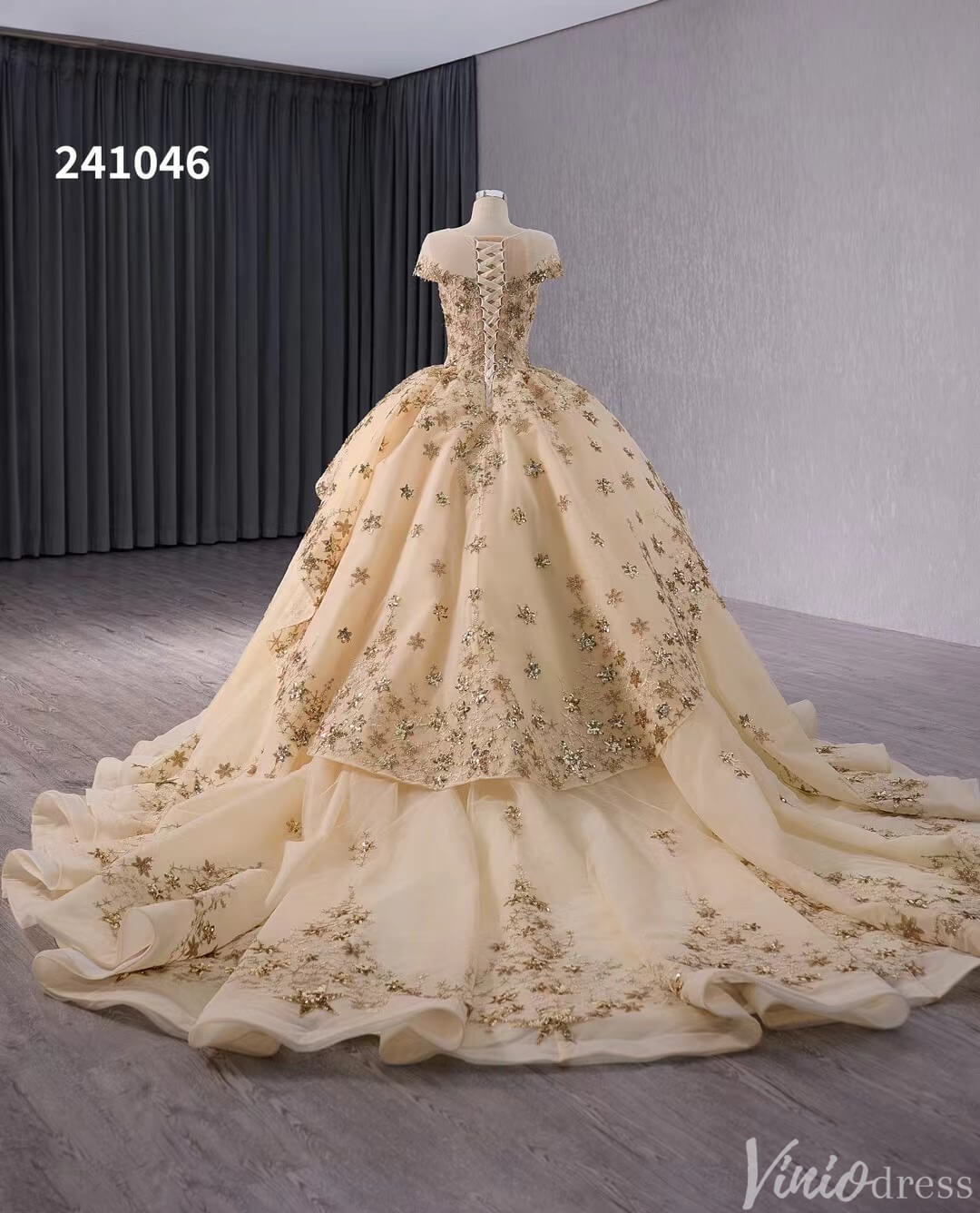 Gold Starry Lace Wedding Gown Overskirt Cap Sleeve Quinceanera Dress 241046-Quinceanera Dresses-Viniodress-Viniodress