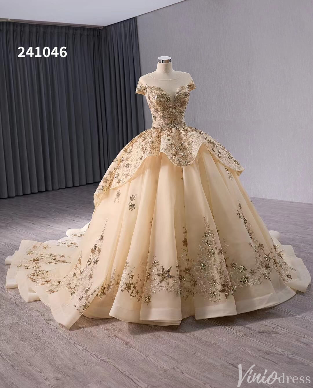 Gold Starry Lace Wedding Gown Overskirt Cap Sleeve Quinceanera Dress 241046-Quinceanera Dresses-Viniodress-Viniodress