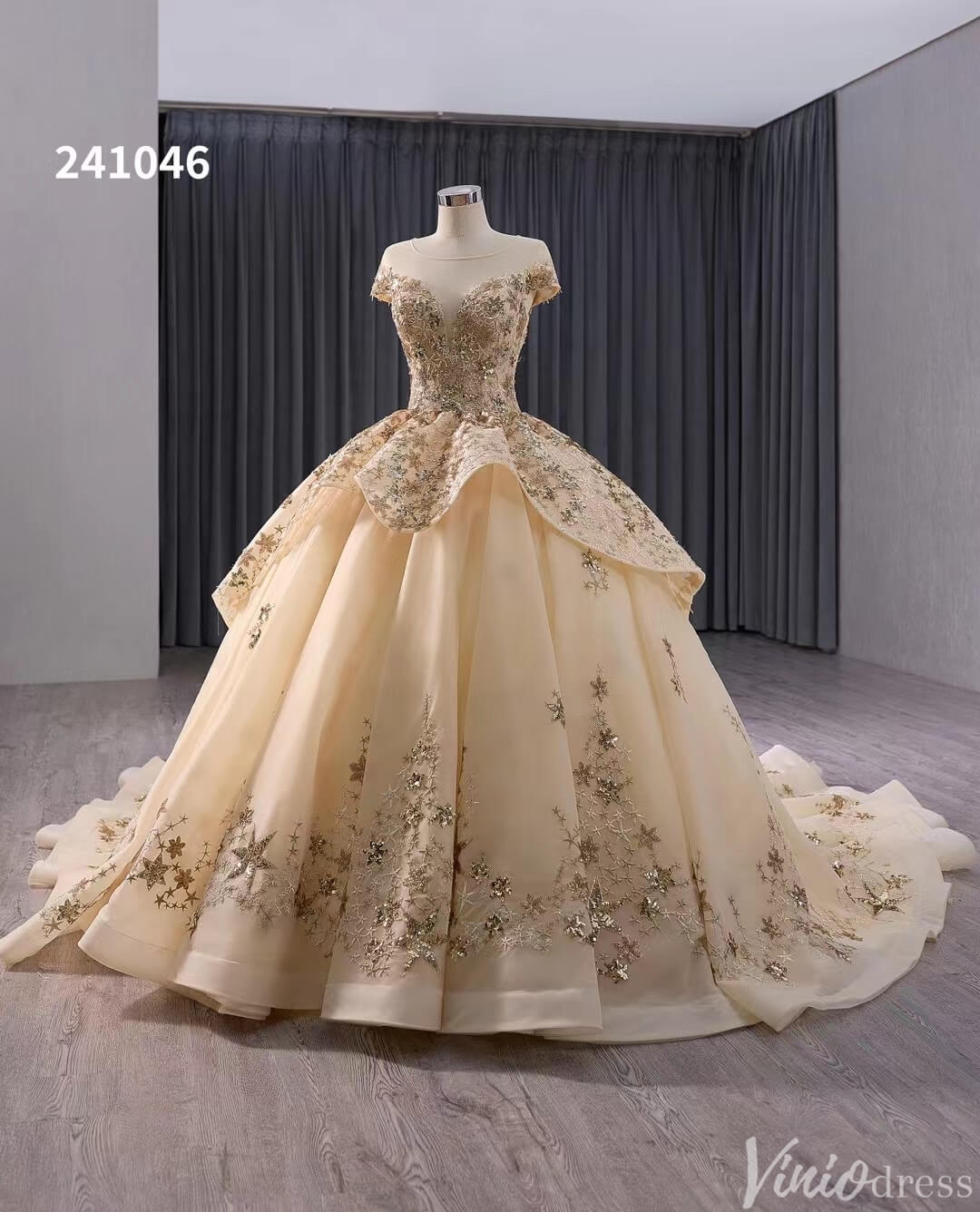 Gold Starry Lace Wedding Gown Overskirt Cap Sleeve Quinceanera Dress 241046-Quinceanera Dresses-Viniodress-Viniodress