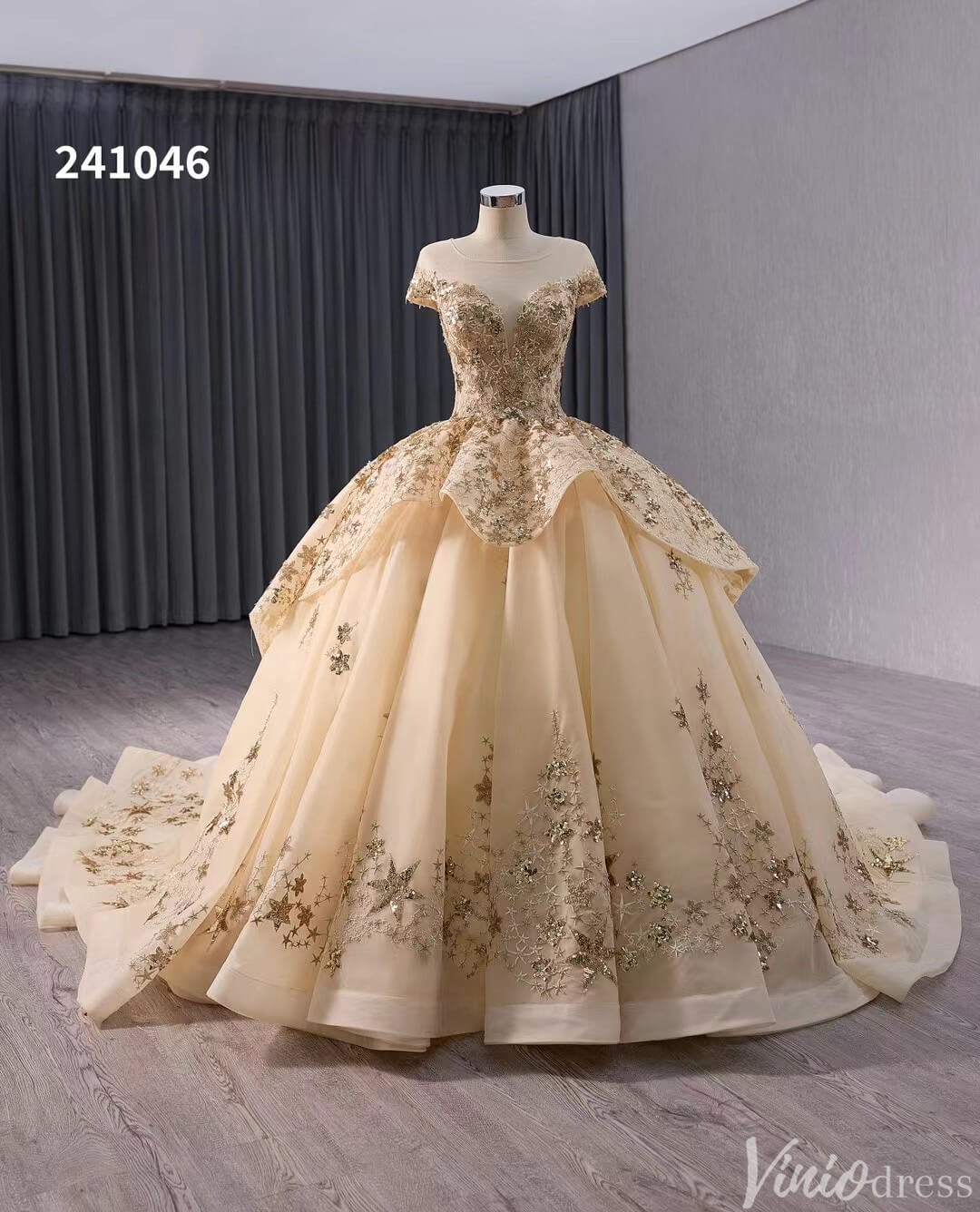 Gold Starry Lace Wedding Gown Overskirt Cap Sleeve Quinceanera Dress 241046-Quinceanera Dresses-Viniodress-Champagne-Custom Size-Viniodress