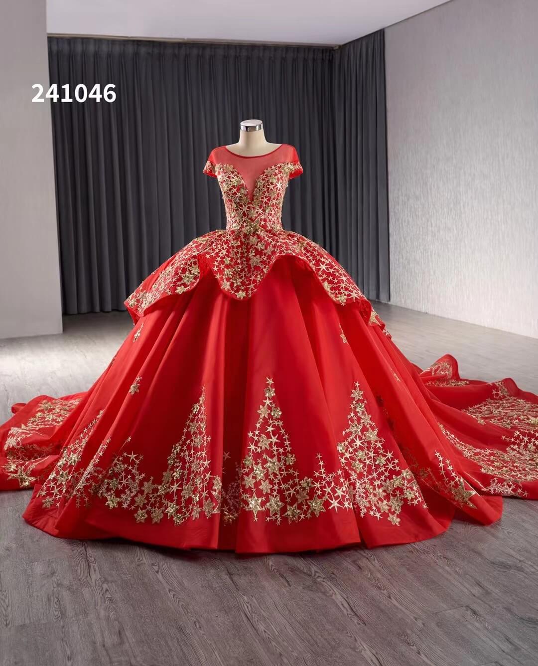 Gold Starry Lace Wedding Gown Overskirt Cap Sleeve Quinceanera Dress 241046-Quinceanera Dresses-Viniodress-Red-Custom Size-Viniodress