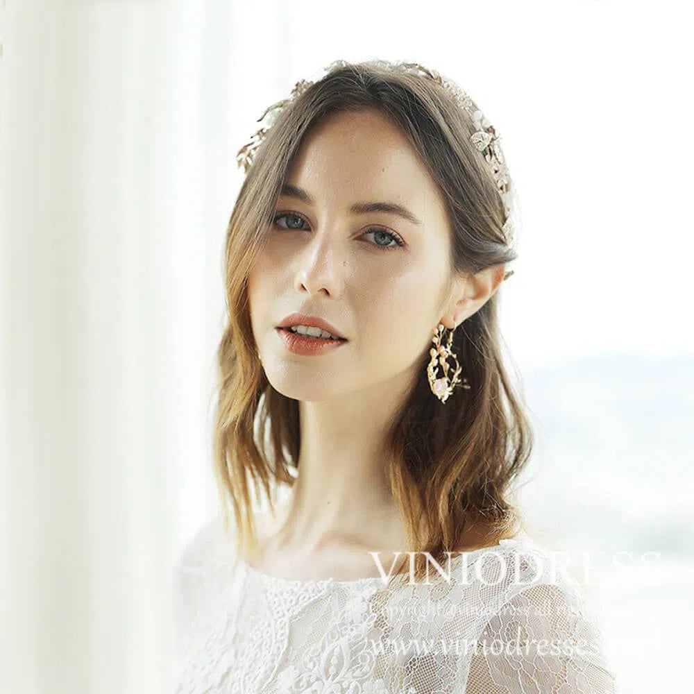 Gold Vintage Hoop Earrings with Pearls AC1040-Bridal Jewelry-Viniodress-Earrings-Viniodress