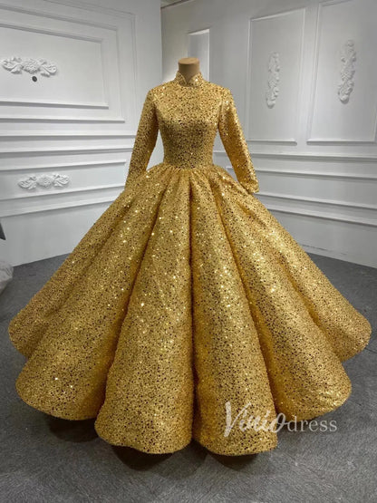 Gold Wedding Gown Long Sleeve High Neck 66991 Beaded Lace-Quinceanera Dresses 2025 -Viniodress-Gold-Custom Size-