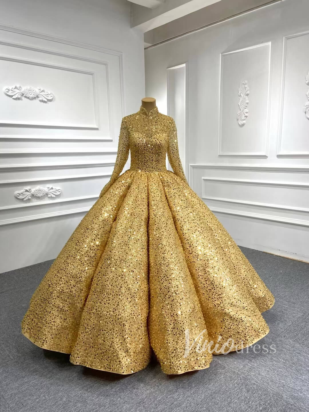 Gold Wedding Gown Long Sleeve High Neck 66991 Beaded Lace-Quinceanera Dresses-Viniodress-Gold-Custom Size-Viniodress