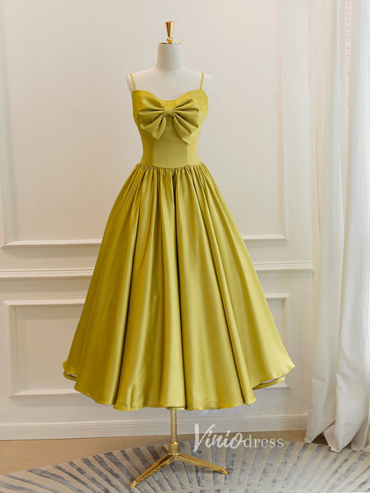 Golden Yellow Satin Prom Dresses Tea-Length Short Formal Dress FD3179-prom dresses 2025 -Viniodress-Yellow-Custom Size-