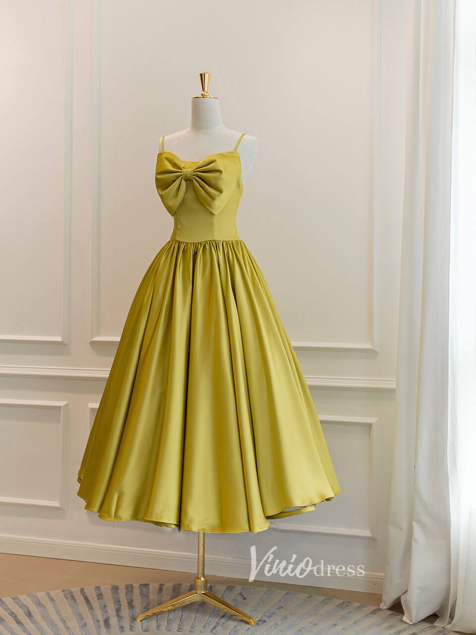 Golden Yellow Satin Prom Dresses Tea-Length Short Formal Dress FD3179 Viniodress Golden Yellow Satin Prom Dresses Tea-Length Short Formal Dress FD3179 Viniodress