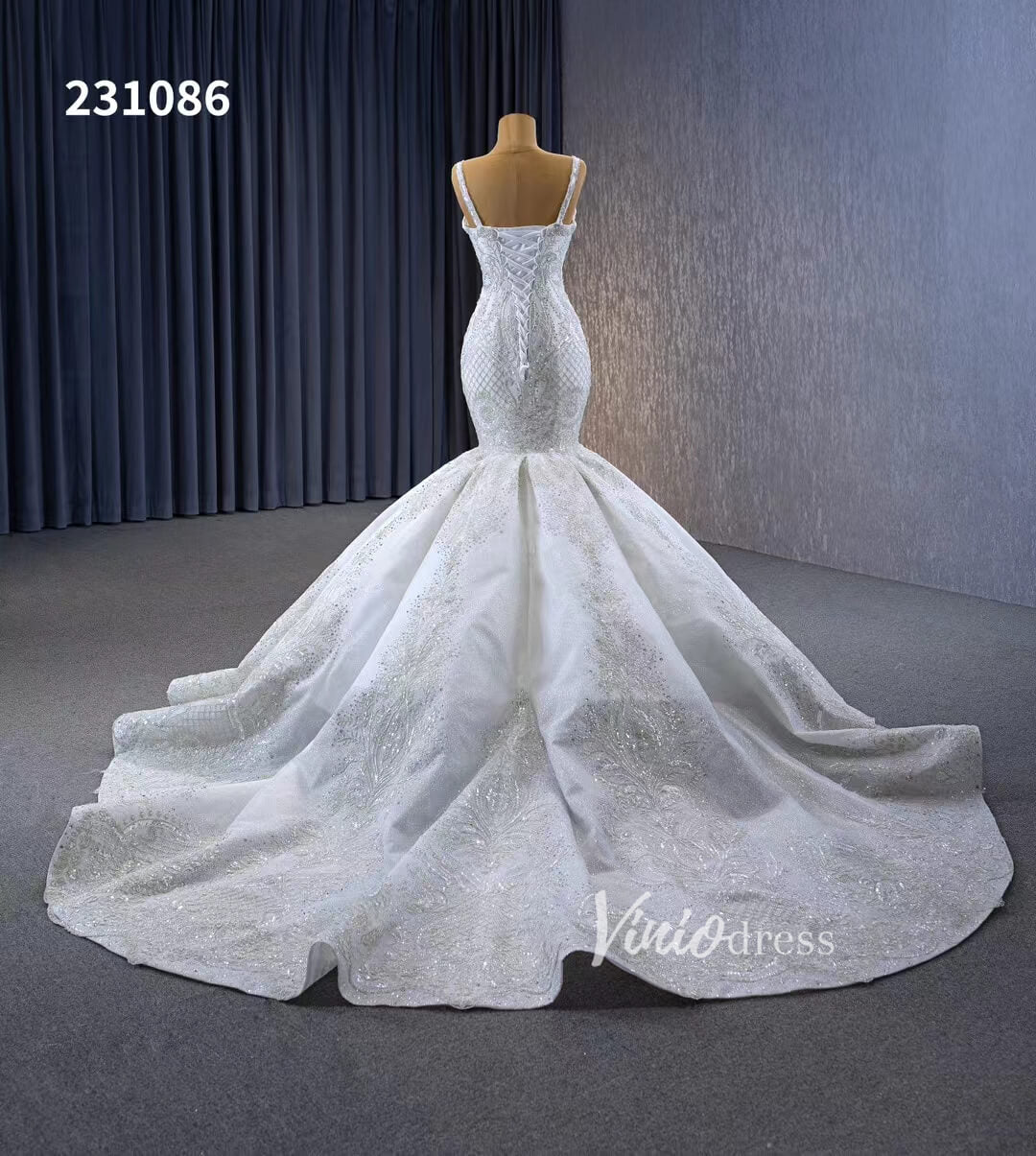 Gorgeous Beaded Lace Wedding Dresses Mermaid Spaghetti Strap Bridal Gown 231086-wedding dresses 2025 -Viniodress-Ivory-Custom Size-