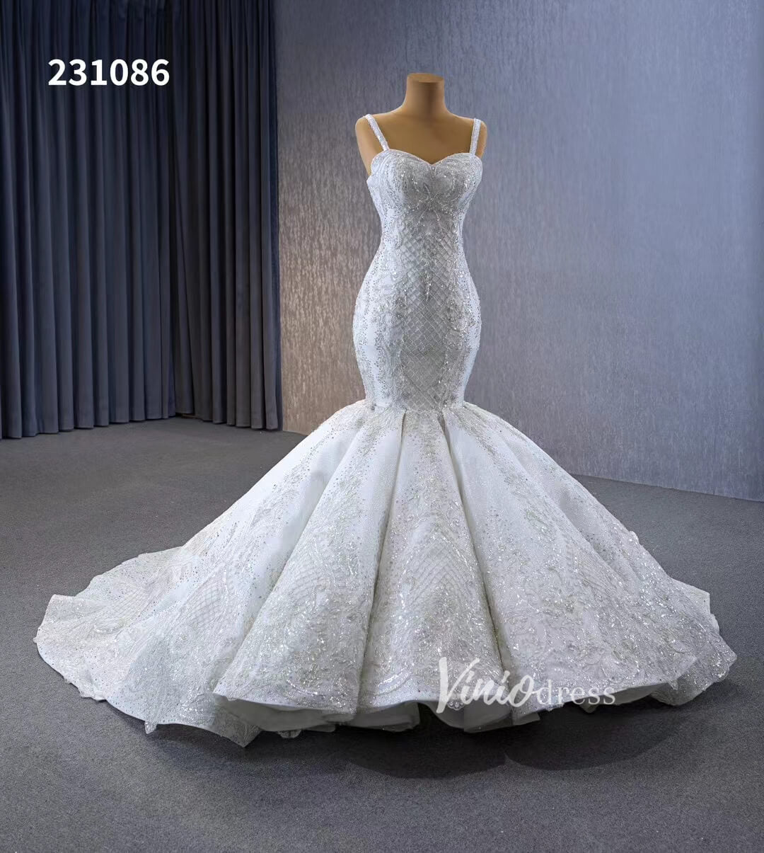 Gorgeous Beaded Lace Wedding Dresses Mermaid Spaghetti Strap Bridal Gown 231086-wedding dresses 2025 -Viniodress-Ivory-Custom Size-