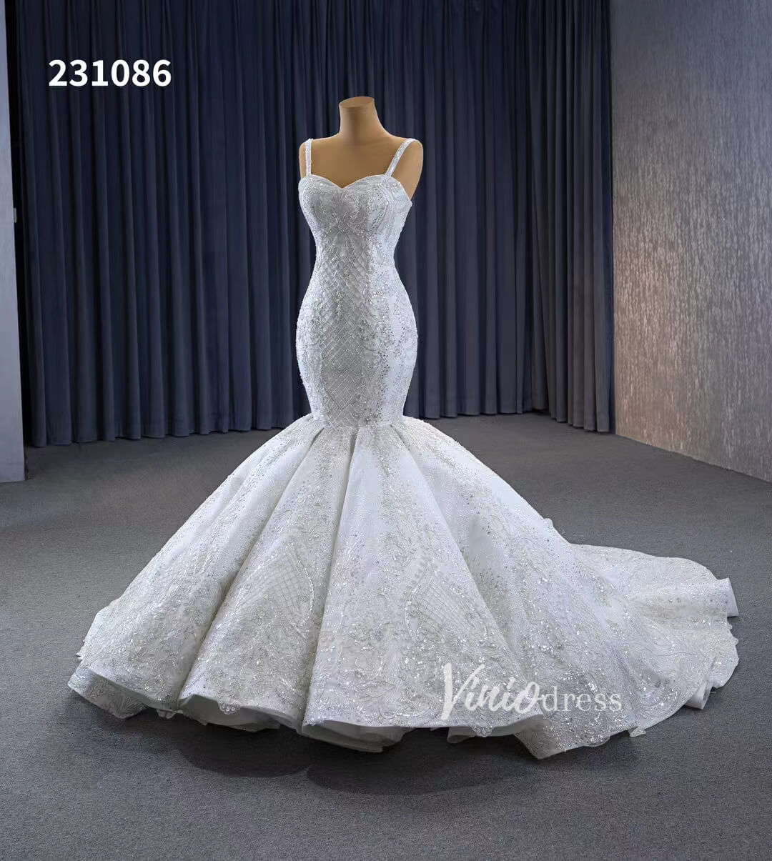 Gorgeous Beaded Lace Wedding Dresses Mermaid Spaghetti Strap Bridal Gown 231086-wedding dresses 2025 -Viniodress-Ivory-Custom Size-