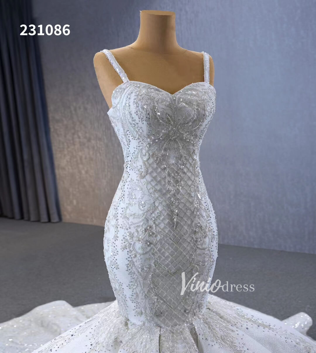 Gorgeous Beaded Lace Wedding Dresses Mermaid Spaghetti Strap Bridal Gown 231086-wedding dresses 2025 -Viniodress-Ivory-Custom Size-