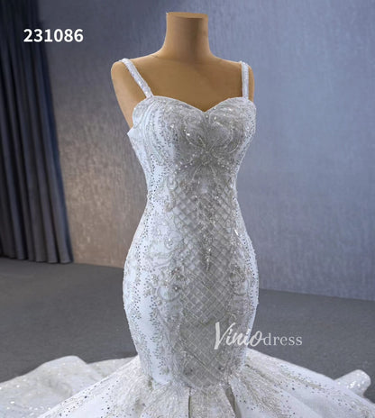 Gorgeous Beaded Lace Wedding Dresses Mermaid Spaghetti Strap Bridal Gown 231086-wedding dresses 2025 -Viniodress-Ivory-Custom Size-