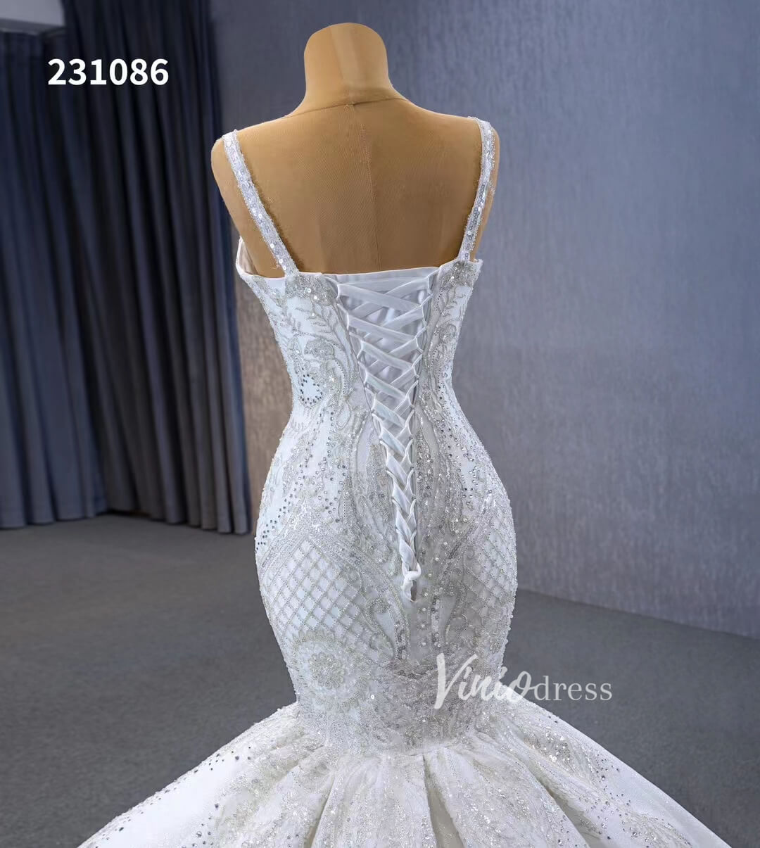 Gorgeous Beaded Lace Wedding Dresses Mermaid Spaghetti Strap Bridal Gown 231086-wedding dresses 2025 -Viniodress-Ivory-Custom Size-