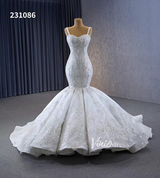 Gorgeous Beaded Lace Wedding Dresses Mermaid Spaghetti Strap Bridal Gown 231086-wedding dresses 2025 -Viniodress-Ivory-Custom Size-