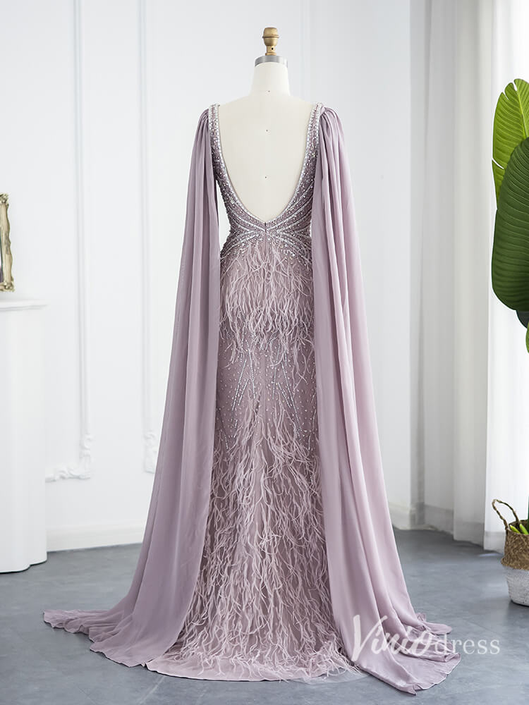 Gorgeous Beaded Mermaid Evening Dresses with Feathers Extra Long Sleeve Pageant Dress AD1166-Evening Dresses 2025 -Viniodress-Dusty Blue-US 2-