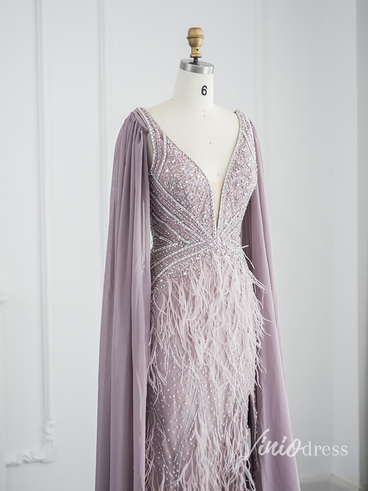 Gorgeous Beaded Mermaid Evening Dresses with Feathers Extra Long Sleeve Pageant Dress AD1166-Evening Dresses 2025 -Viniodress-Dusty Blue-US 2-