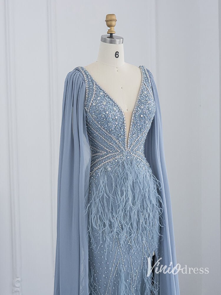 Gorgeous Beaded Mermaid Evening Dresses with Feathers Extra Long Sleeve Pageant Dress AD1166-Evening Dresses 2025 -Viniodress-Dusty Blue-US 2-