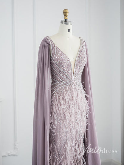 Gorgeous Beaded Mermaid Evening Dresses with Feathers Extra Long Sleeve Pageant Dress AD1166-Evening Dresses 2025 -Viniodress-Dusty Blue-US 2-