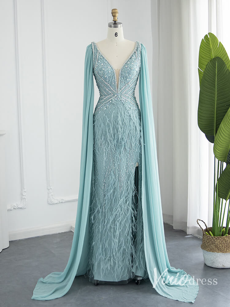 Gorgeous Beaded Mermaid Evening Dresses with Feathers Extra Long Sleeve Pageant Dress AD1166-Evening Dresses 2025 -Viniodress-Green-US 2-