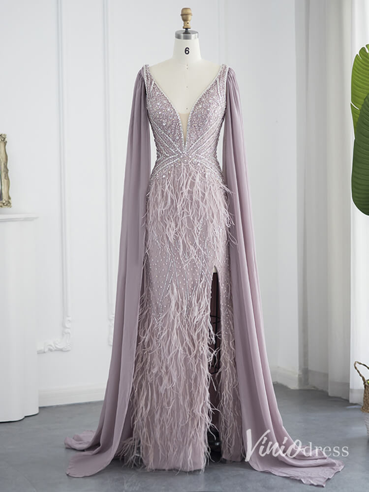 Gorgeous Beaded Mermaid Evening Dresses with Feathers Extra Long Sleeve Pageant Dress AD1166-Evening Dresses 2025 -Viniodress-Mauve-US 2-