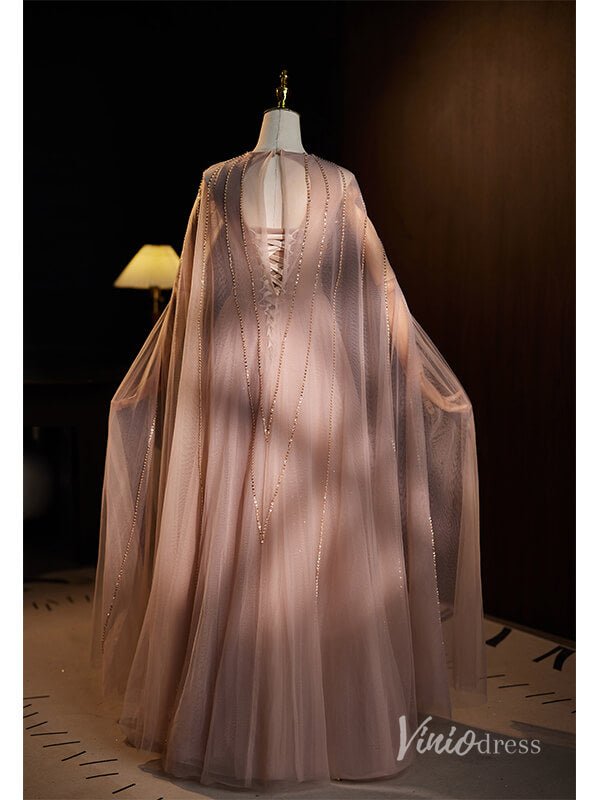 Gorgeous Beaded Prom Dresses Cape Sleeve Formal Dress AD1119-prom dresses 2025 -Viniodress-Pink-Custom Size-