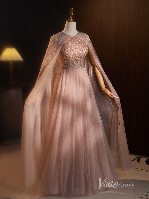 Gorgeous Beaded Prom Dresses Cape Sleeve Formal Dress AD1119-prom dresses 2025 -Viniodress-Pink-Custom Size-