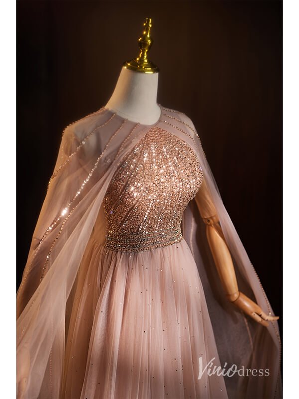 Gorgeous Beaded Prom Dresses Cape Sleeve Formal Dress AD1119-prom dresses 2025 -Viniodress-Pink-Custom Size-