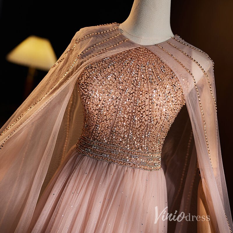 Gorgeous Beaded Prom Dresses Cape Sleeve Formal Dress AD1119-prom dresses 2025 -Viniodress-Pink-Custom Size-