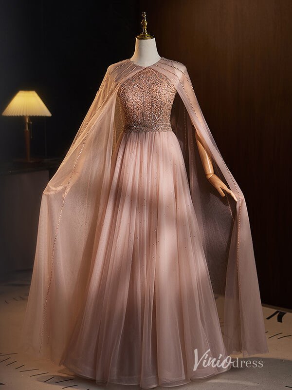Gorgeous Beaded Prom Dresses Cape Sleeve Formal Dress AD1119-prom dresses 2025 -Viniodress-Pink-Custom Size-