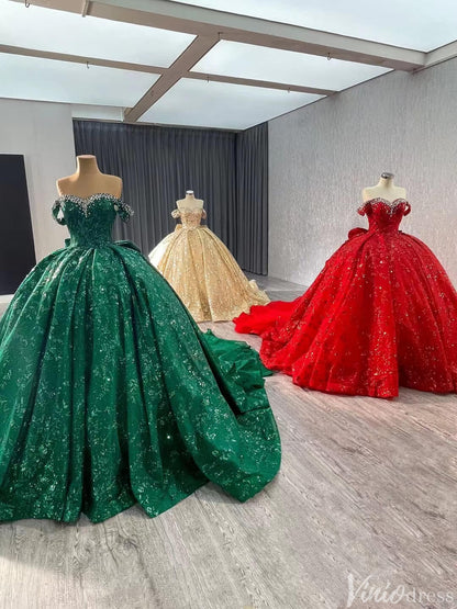 Gorgeous Beaded Sequin Lace Wedding Gown Off the Shoulder Quinceanera Dress 241043-Quinceanera Dresses 2025 -Viniodress-Champagne-Custom Size-