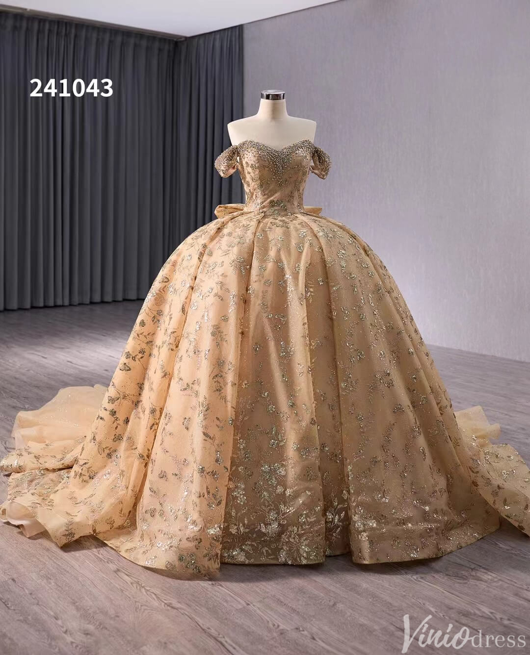 Gorgeous Beaded Sequin Lace Wedding Gown Off the Shoulder Quinceanera Dress 241043-Quinceanera Dresses 2025 -Viniodress-Champagne-Custom Size-