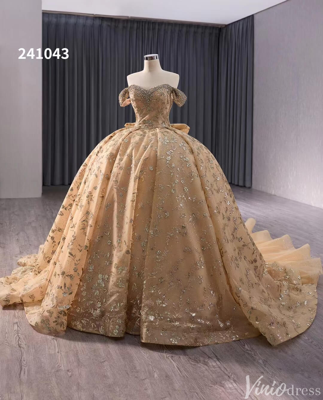 Gorgeous Beaded Sequin Lace Wedding Gown Off the Shoulder Quinceanera Dress 241043-Quinceanera Dresses 2025 -Viniodress-Champagne-Custom Size-