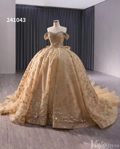 Gorgeous Beaded Sequin Lace Wedding Gown Off the Shoulder Quinceanera Dress 241043-Quinceanera Dresses 2025 -Viniodress-Champagne-Custom Size-