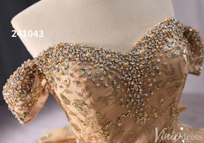 Gorgeous Beaded Sequin Lace Wedding Gown Off the Shoulder Quinceanera Dress 241043-Quinceanera Dresses 2025 -Viniodress-Champagne-Custom Size-