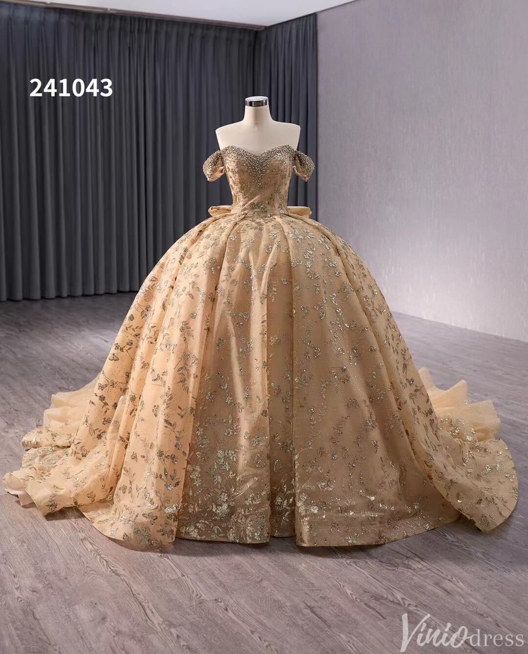 Gorgeous Beaded Sequin Lace Wedding Gown Off the Shoulder Quinceanera Dress 241043-Quinceanera Dresses 2025 -Viniodress-Champagne-Custom Size-