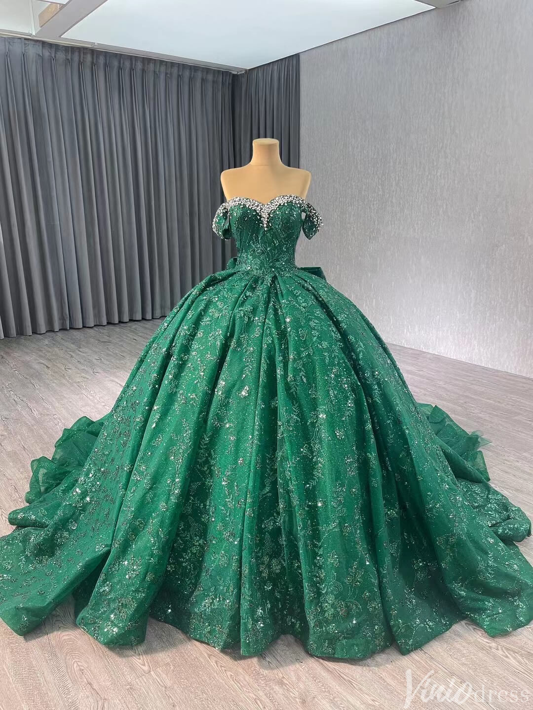 Gorgeous Beaded Sequin Lace Wedding Gown Off the Shoulder Quinceanera Dress 241043-Quinceanera Dresses 2025 -Viniodress-Green-Custom Size-