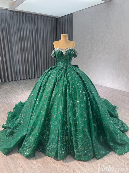 Gorgeous Beaded Sequin Lace Wedding Gown Off the Shoulder Quinceanera Dress 241043-Quinceanera Dresses 2025 -Viniodress-Green-Custom Size-