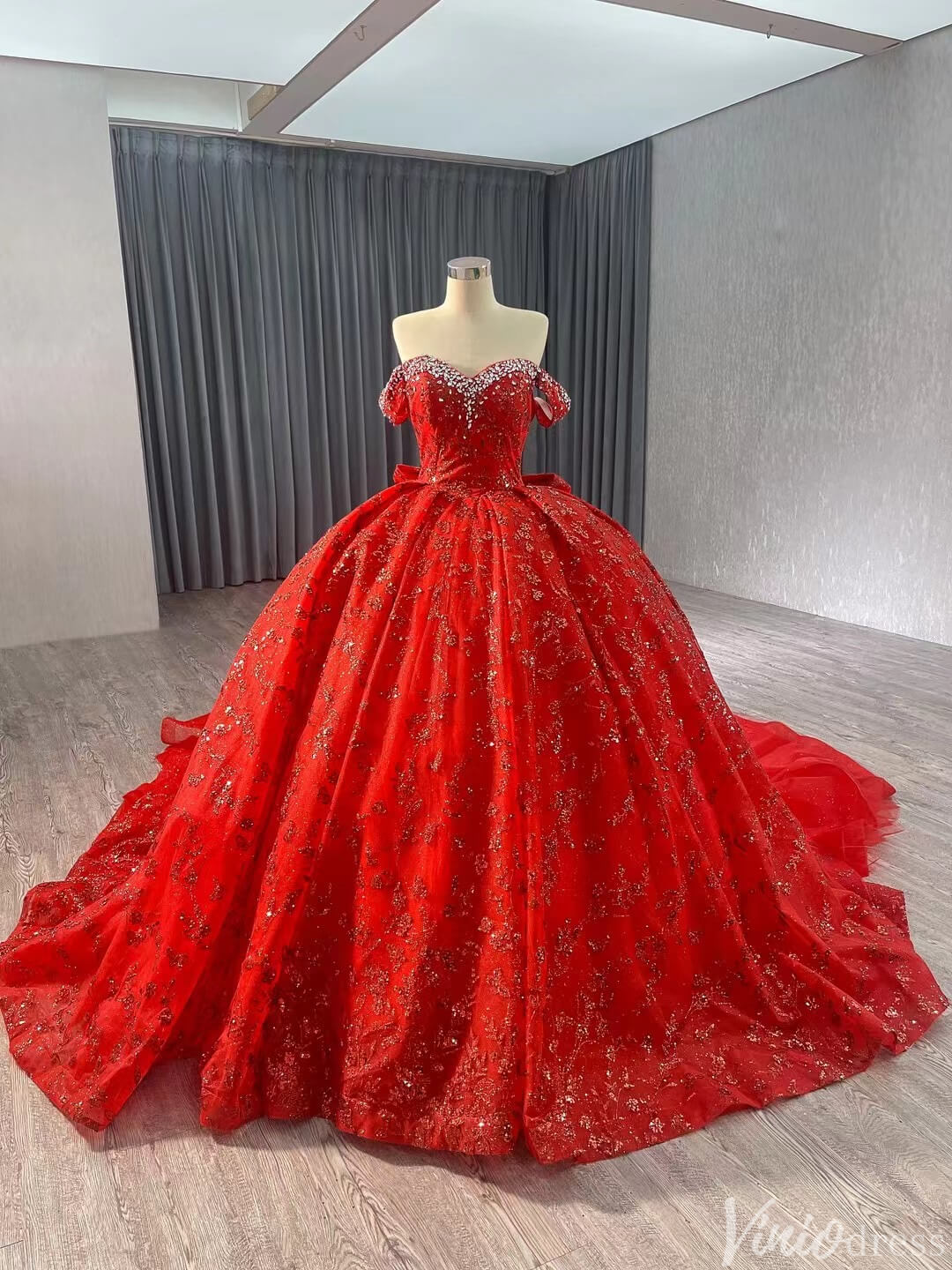 Gorgeous Beaded Sequin Lace Wedding Gown Off the Shoulder Quinceanera Dress 241043-Quinceanera Dresses 2025 -Viniodress-Red-Custom Size-