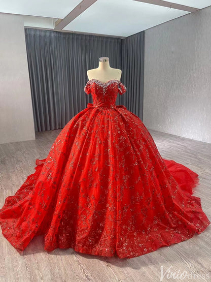 Gorgeous Beaded Sequin Lace Wedding Gown Off the Shoulder Quinceanera Dress 241043-Quinceanera Dresses 2025 -Viniodress-Red-Custom Size-