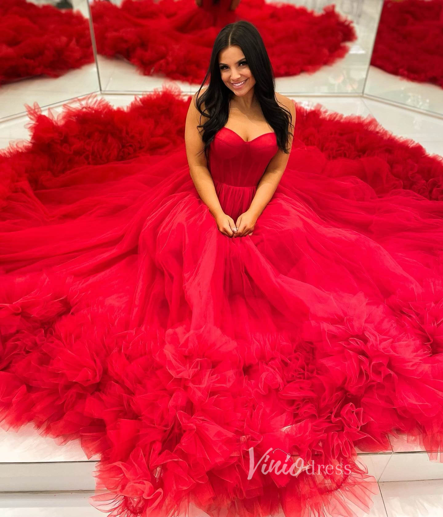 Gorgeous Black Tiered Prom Dresses Strapless Ruffle Tulle Ball Gown FD3616-prom dresses 2025 -Viniodress-Black-Custom Size-