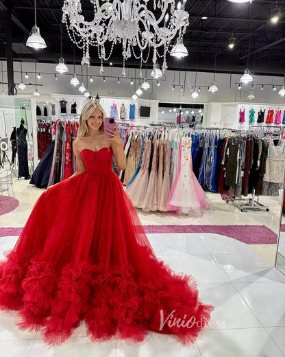 Gorgeous Black Tiered Prom Dresses Strapless Ruffle Tulle Ball Gown FD3616-prom dresses 2025 -Viniodress-Black-Custom Size-