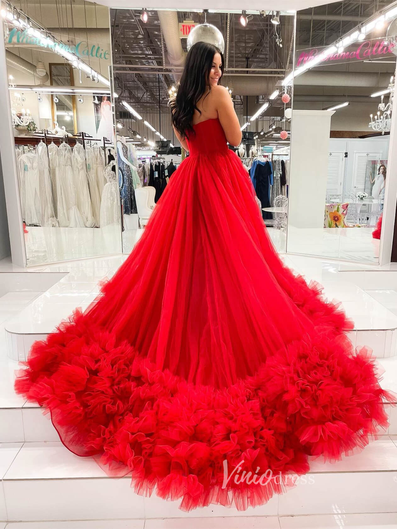 Gorgeous Black Tiered Prom Dresses Strapless Ruffle Tulle Ball Gown FD3616-prom dresses 2025 -Viniodress-Red-Custom Size-