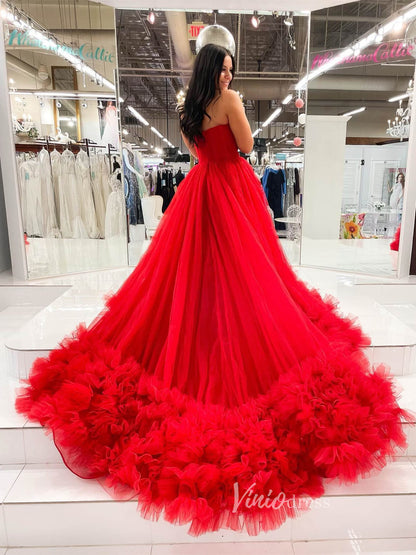 Gorgeous Black Tiered Prom Dresses Strapless Ruffle Tulle Ball Gown FD3616-prom dresses 2025 -Viniodress-Red-Custom Size-