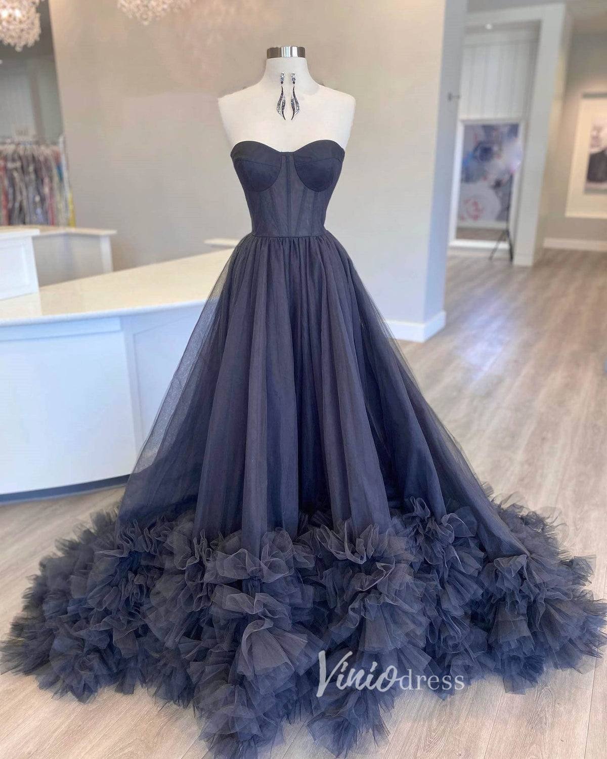 Gorgeous Black Tiered Prom Dresses Strapless Ruffle Tulle Ball Gown FD3616-prom dresses-Viniodress-Black-Custom Size-Viniodress