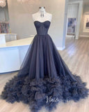 Gorgeous Black Tiered Prom Dresses Strapless Ruffle Tulle Ball Gown FD3616