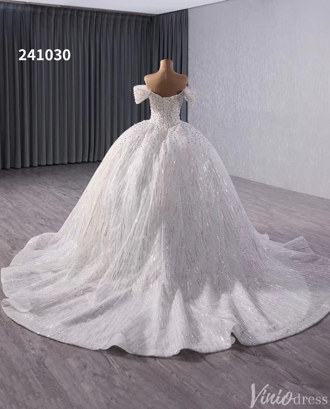 Gorgeous Pearl Sequin Wedding Gown Sparkly Off the Shoulder Bridal Dress 241030-wedding dresses 2025 -Viniodress-Ivory-Custom Size-