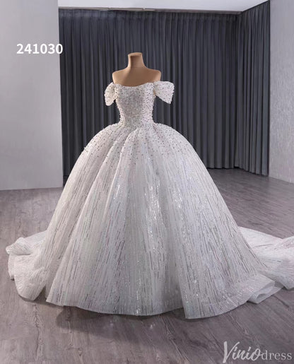 Gorgeous Pearl Sequin Wedding Gown Sparkly Off the Shoulder Bridal Dress 241030-wedding dresses 2025 -Viniodress-Ivory-Custom Size-