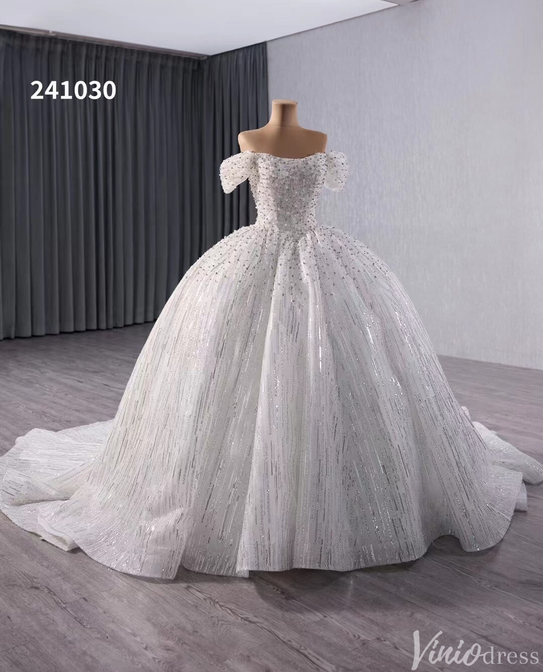 Gorgeous Pearl Sequin Wedding Gown Sparkly Off the Shoulder Bridal Dress 241030-wedding dresses 2025 -Viniodress-Ivory-Custom Size-